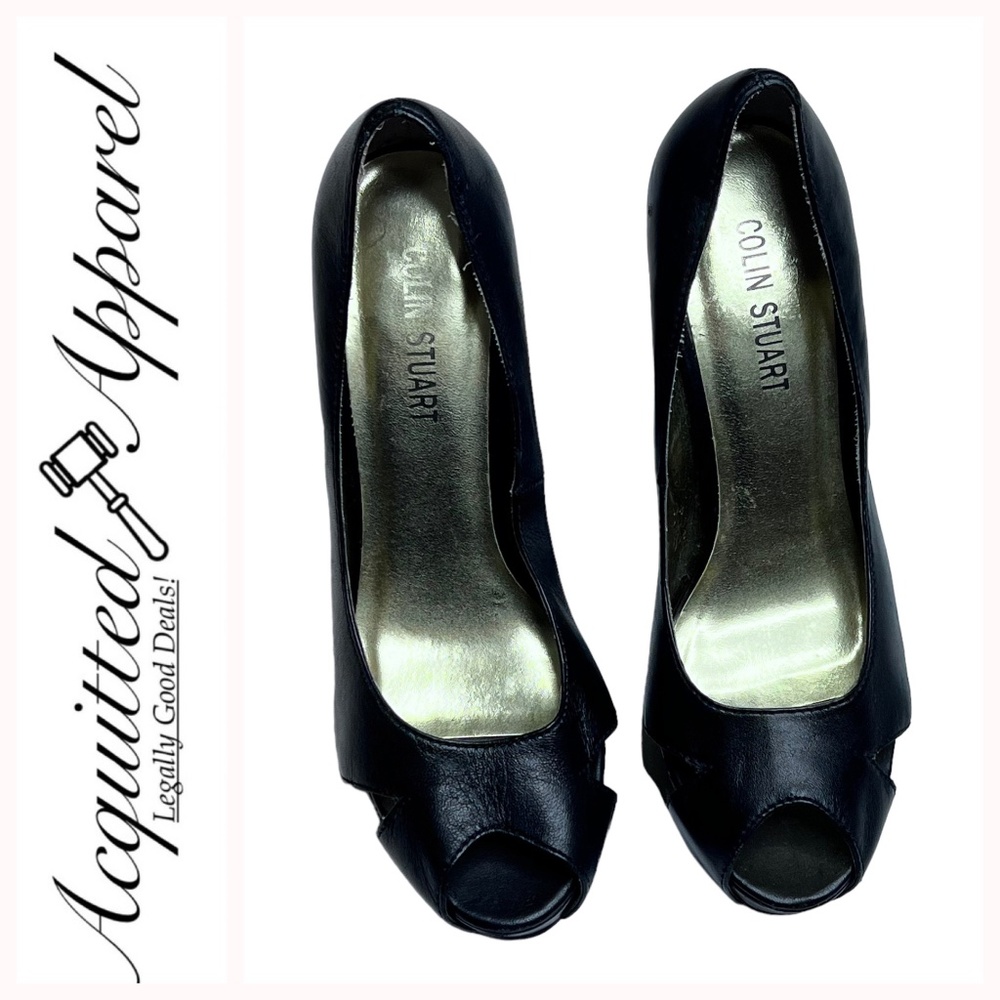 Colin Stuart Black Leather Block High Heels Peep Toe